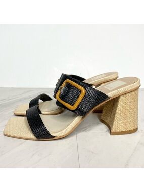 Dolce Vita Posy Black Raffia Square Toe Heeled Sandal 7